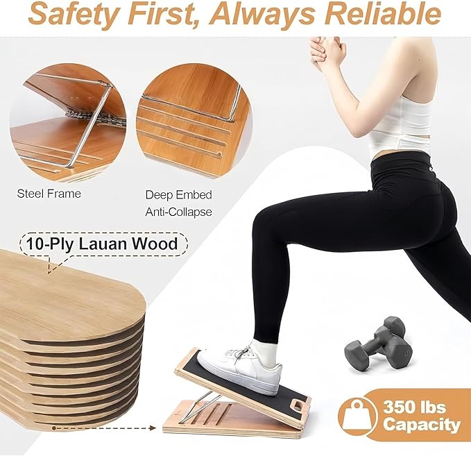 Slant Board for Calf Stretching - Wooden Pilates Incline Balance Wedge | Non-Slip Ankle Exercise Block, Adjustable Angle for Home or Gym Leg, Heel, and Ankle Stretching, for Daily Fitness, Reh