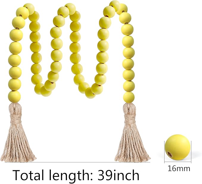 Meplait 39in Wood Bead Garland Farmhouse with Tassels,Versatile Prayer Beads Boho Chic Wall Hanging Home Decor (Yellow
