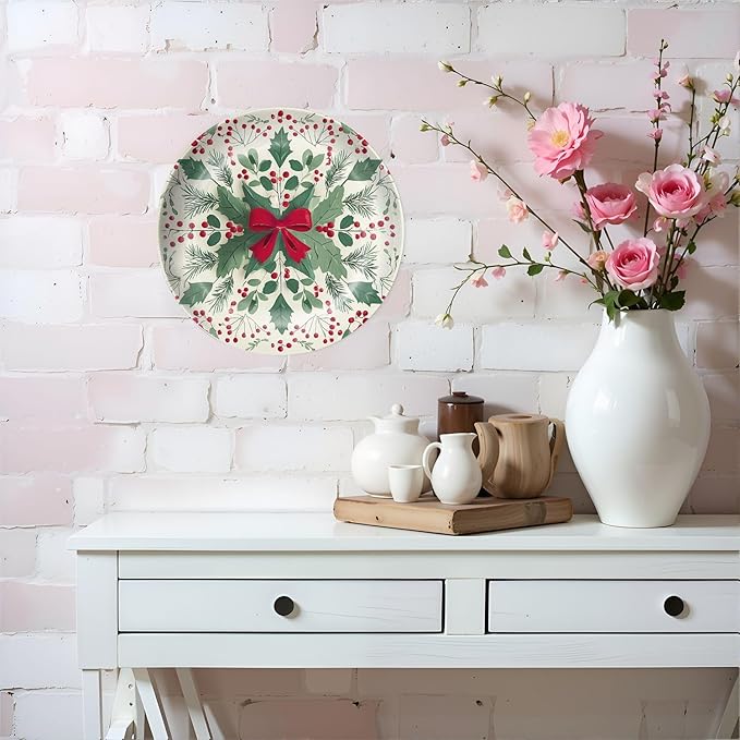 HABEN ARTWORK 10" Ceramic Plates for Display Festive Christmas Holly Red Berries Green Bow Snowflake Decorative Plate with Stand and Hook for Kitchen Dining Room Wall Hanging Decor