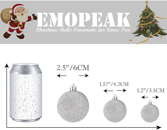 Emopeak 24Pcs Christmas Balls Ornaments for Xmas Christmas Tree - 4 Style Shatterproof Christmas Tree Decorations Hanging Ball for Holiday Wedding Party Decoration (Silver, 1.3"/3.2CM)