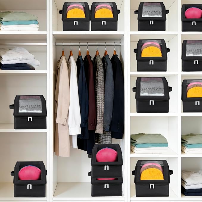 4 Pack Hat Storage for Baseball Caps-Holds Up to 56 Caps, Hat Organizer for Closet Stackable Hat Box with Cardboard, Dust-proof Beanie organizer with 2 Handles for Home Travel (Black, 4Pack-Small)