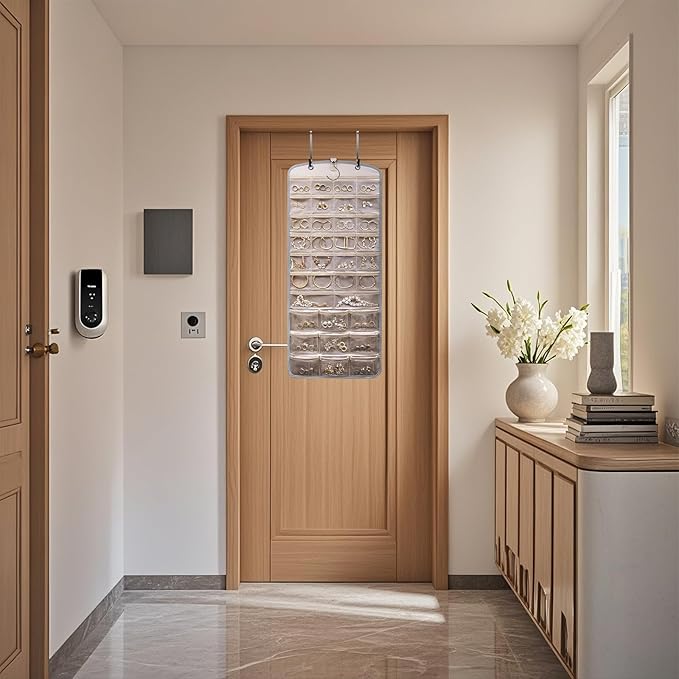 Wome Over the Door Jewelry Organizer Hanging: Double-Sided Storage with 28 Small 2 Large 9 Medium Pockets for Earrings Necklaces Rings Durable Polyester for Door or Closet or Wall or Glass (grey)