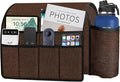Ntomtuex Sofa Armchair Caddy Remote Control Holder with Water Bottle for Couch Recliner, Armrest Organizer with 7-Pocket Design for Magazines, Eyeglasses, iPad, Phone, Chocolate