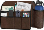 Ntomtuex Sofa Armchair Caddy Remote Control Holder with Water Bottle for Couch Recliner, Armrest Organizer with 7-Pocket Design for Magazines, Eyeglasses, iPad, Phone, Chocolate
