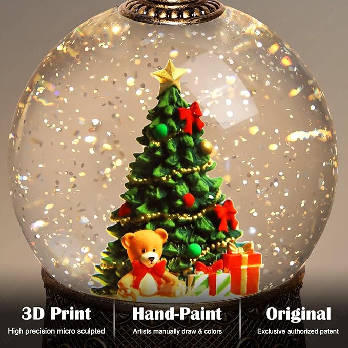 Christmas Tree Snow Globe Christmas Decorations Indoor Gifts Auto Snowfall Glitter Music Collection Teddy Bear Gift Box with 6H Timer USB/Battery Powered 105mm Globe