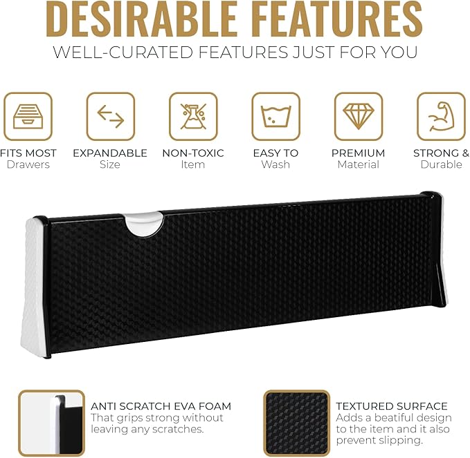 RAPTUROUS Adjustable Drawer Dividers 6 Pack, 4” High, 15.5-21” Long, Dresser Drawer Organizer for Bedroom, Closet, Kitchen, Nursery, Office, Strong Hold, Soft Foam Edges, Black