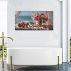Vintage Pink Flower Wall Art Retro Flowers in Golden Vase Pictures Blue Ocean Coastal Landscape Canvas Prints Blossom Painting Poster Floral Artwork for Living Room Bathroom Home Decoration 24x48"