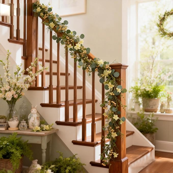 6FT Artificial Eucalyptus Garland, Spring Greenery Garland with Berries and Wildflowers for Home Table Mantle Wedding Festival Indoor Outdoor Decor