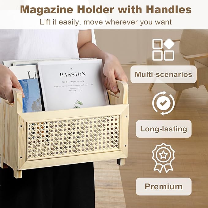 BTSKY Wooden Magazine Rack with Built-in-Handle, Desktop Magazine Holder Modern Rattan Hollow-out Design Mail Organizer, Assembly File Holder Letter Holder Floor Rack for Home & Office, Natural