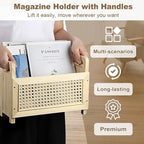 BTSKY Wooden Magazine Rack with Built-in-Handle, Desktop Magazine Holder Modern Rattan Hollow-out Design Mail Organizer, Assembly File Holder Letter Holder Floor Rack for Home & Office, Natural