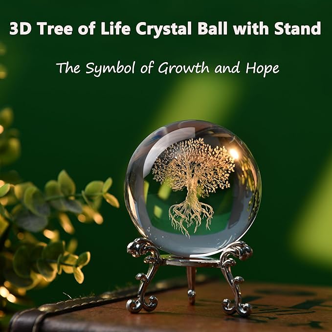 IFOLAINA 3D Tree of Life Crystal Ball with Stand Laser Engraved Glass Ball Tree of Life Decor Decorative Globes 3D Crystal Plant Sphere Gifts for Her Birthday