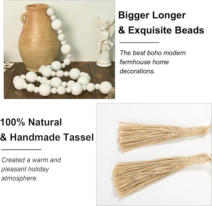 2" Extra Large Wood Bead Garland with Tassels, 75" Long Rustic Farmhouse Wooden Beads Garland, Decorative Beads Boho Decorations for Home Table Mantle White