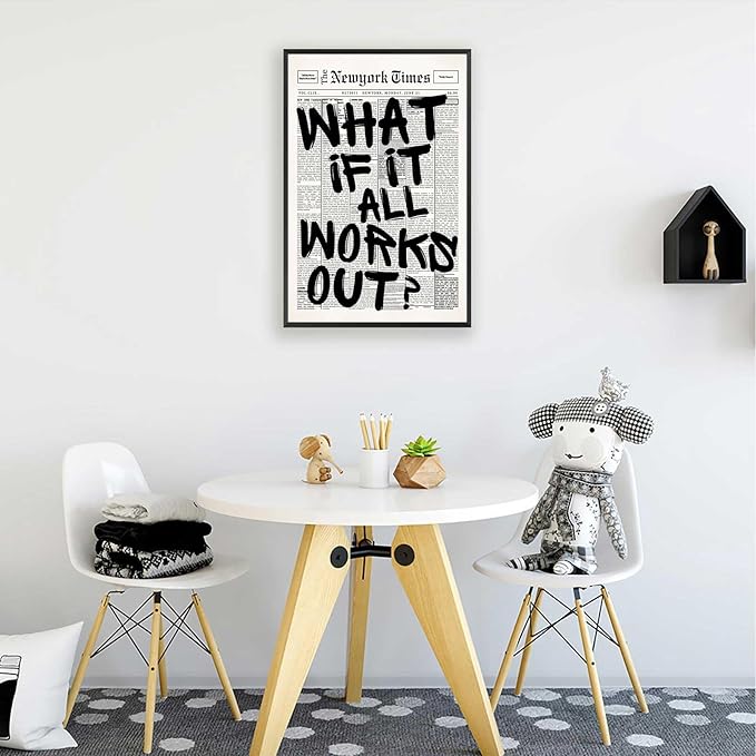 Retro Black And White Newspaper Poster What If It All Works Out Canvas Wall Art Positive Affirming Quote Minimalist Prints Painting For Home Bedroom Dorm Wall Decor 8x12in Framed
