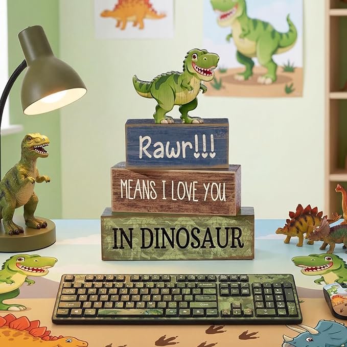 Lineshading 4 Pcs Dinosaur Table Decorations Wooden Dinosaur Decor Dino Safari Party Centerpieces for Table Jungle Animal Theme Baby Shower Tabletop Stand for Boys Girls Birthday Party Decorations
