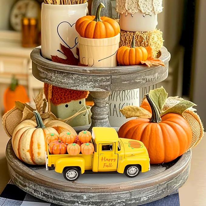 Fall Pumpkin Truck Decor Vintage Metal Truck with Pumpkins Ornament Cute Autumn Harvest Farmhouse Tabletop Tiered Tray Decoration for Thanksgiving Party Home Kitchen Office Tiered Tray Supplies