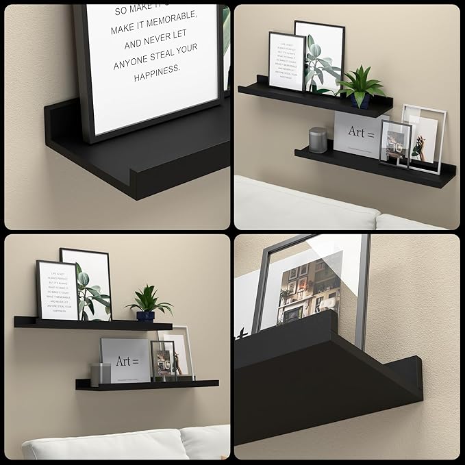 Boswillon Long Floating Shelves, 2 Set Modern Black Wall Shelf for Bedroom, Nursery Book Shelf with Lip, Picture Ledge Shelf for Living Room Bathroom Kitchen - Black,23.6 In
