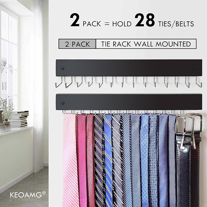 2Pack Tie Rack Wall Mounted, Wooden Belt Hanger Tie Organizer for Closet with 28 Folding Hooks, Space Saving Tie Holder and Belt Rack for Closet Wall Mount, Black