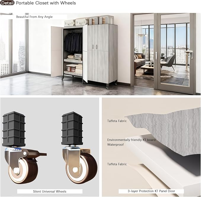 Heavy Duty Portable Closet with Cover Magnetic Doors, Metal Rolling Clothes Rack Heavy Duty 1500LBS, Foldable Clothing Rack, Garment Racks for Bedroom/ LivingRoom/ Rental (KT Woodgrain Gray, 59.05in)