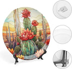 Decorative Plates for Home Decor, Cactus & Colorful Sky Stained Glass Design Decor Tray for Table Display, Ceramic Dinner Plate W/ Stand, Living Dining Room Decor, Gifts for Cactus Lover, 10 Inch