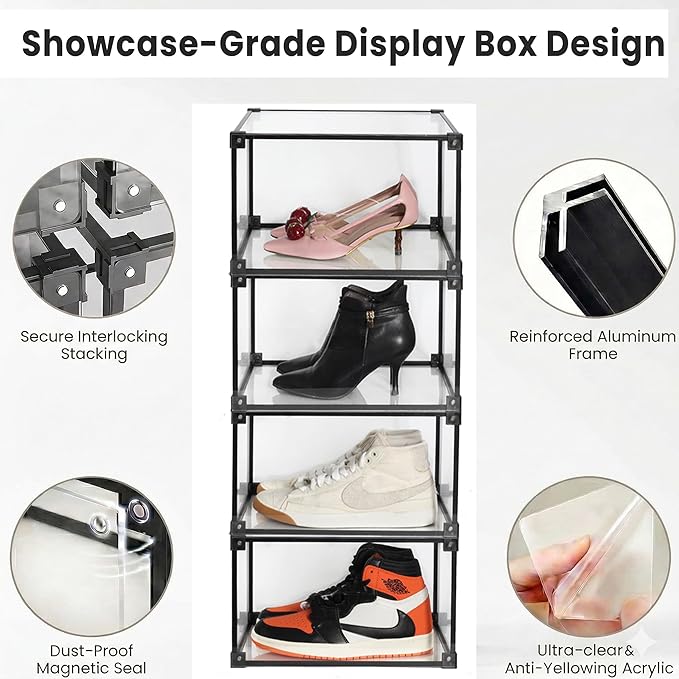 Transparent Plastic Storage Clear Shoe Display Case Box Organizer - Magnetic Side Open, 16PC (Black)