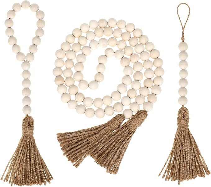 IMIKEYA Wooden Beads Garland: 3PCS Farmhouse Wood Bead Garland for Tiered Tray Farmhouse s Hanging Wood with Tassels Prayer Rustic s for Coffee Table Decor