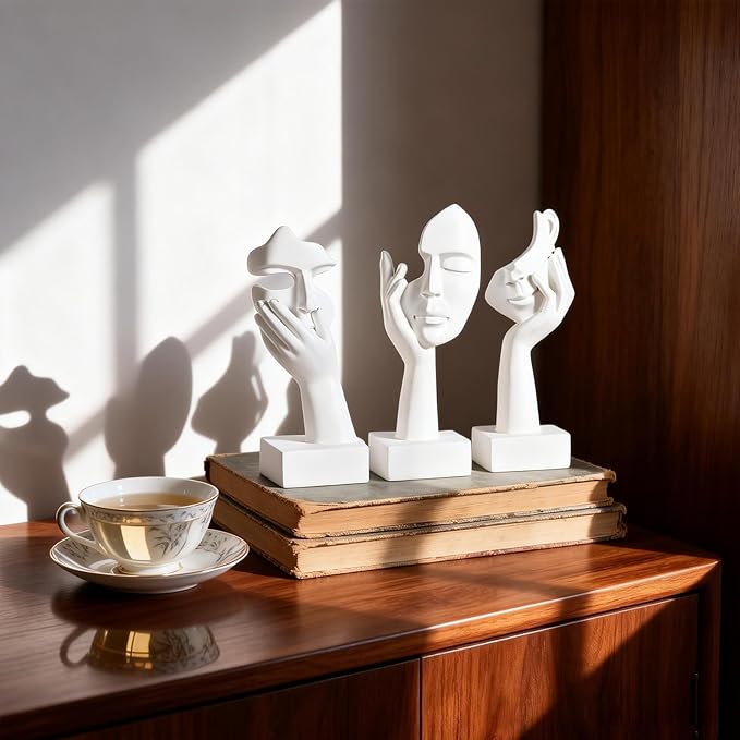 3 Pcs Thinker Small Statue Set - White Art Abstract Home Accent Figurines for Decor Woman Apartment Bookshelf Floating Shelf Coffee Table Office Desk Bathroom Counter Decor (3 Pcs White, 6")