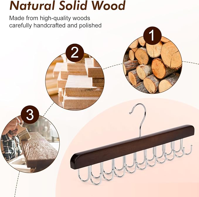 HOUSE DAY Belt Hanger for Closet 1 Pack, 20 Hooks Bra/Tie/Tank Top Hanger, Space Saving Hangers Storage Max 20 Belts/Ties, Sturdy Wooden Belt Rack Closet Accessories