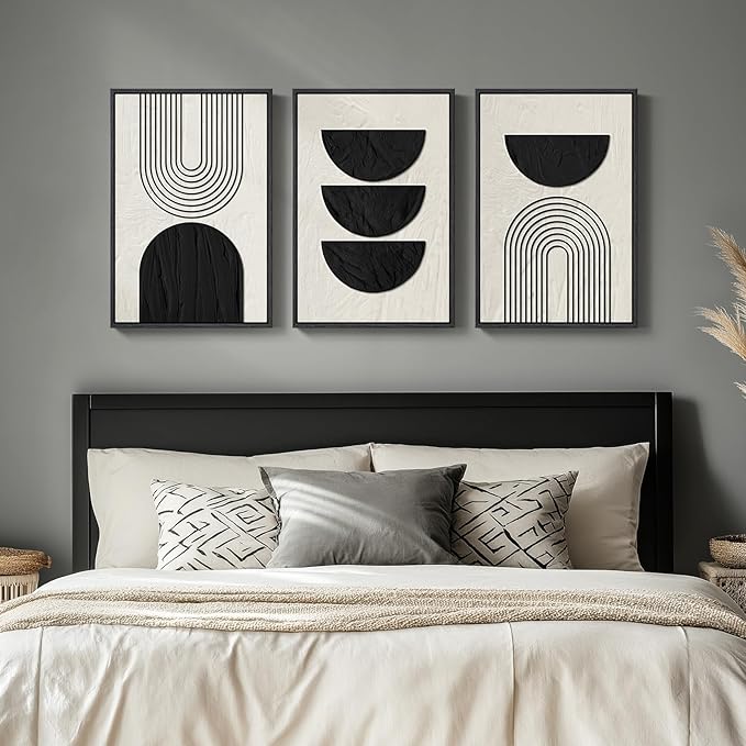 Framed Boho Black and White Abstract Wall Art, 3 Piece Modern Beige Canvas Prints Paintings Artwork for Walls, Black Geometric Pictures for Living Room Bedroom Hallway Office Wall Decor 16x24 In