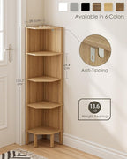 Corner Shelf, 5 Tier Corner Bookshelf, Display Corner Shelf Stand with Storage Rack, Wall Corner Bookshelf for Living Room, Bedroom, Office, Oak