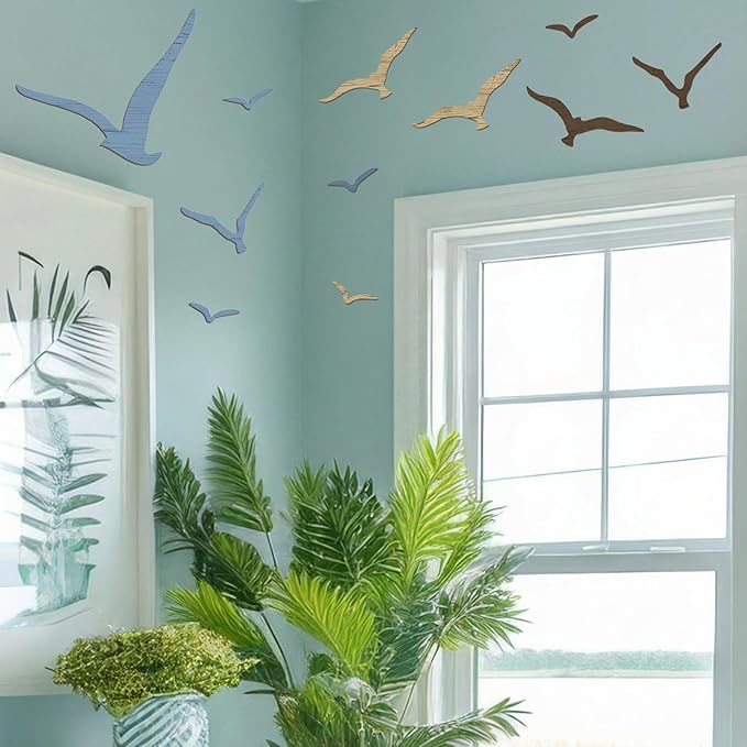 Wesiti 11 Pcs Wooden Seagull Wall Decor Nautical Theme Beach Coastal Art Small Seagull Sea Birds Wall Decor Ocean Adhesive Sculpture Vintage Ornaments for Home Bathroom(Dusty Blue)
