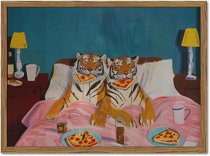 Framed Funny Tiger Wall Art, Eclectic Tigers Eating Pizza in Bed Pictures Wall Decor, Whimsical Animal Paintings Canvas Prints Humor Home Decor for Living Room Bedroom Office 12x16 inch