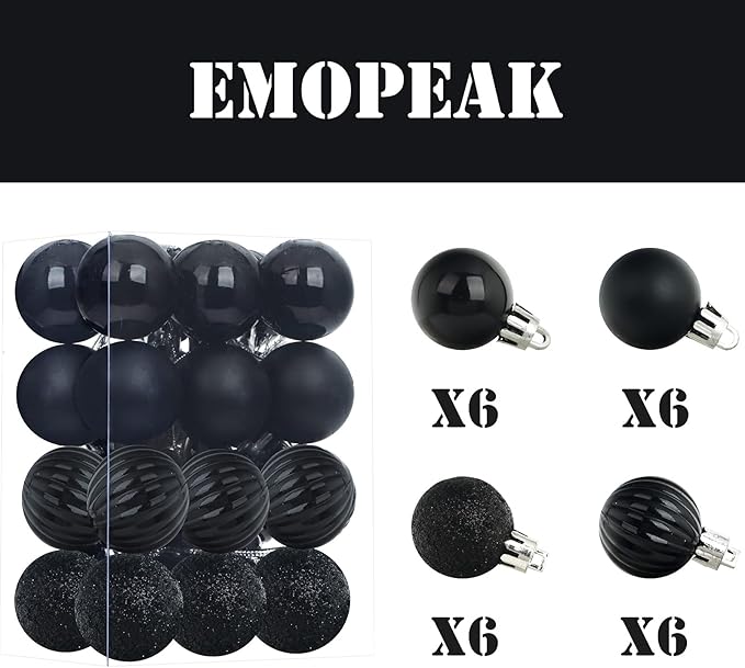 Emopeak 24Pcs Christmas Balls Ornaments for Xmas Christmas Tree - 4 Style Shatterproof Christmas Tree Decorations Hanging Ball for Holiday Wedding Party Decoration (Black, 1.3"/3.2CM)