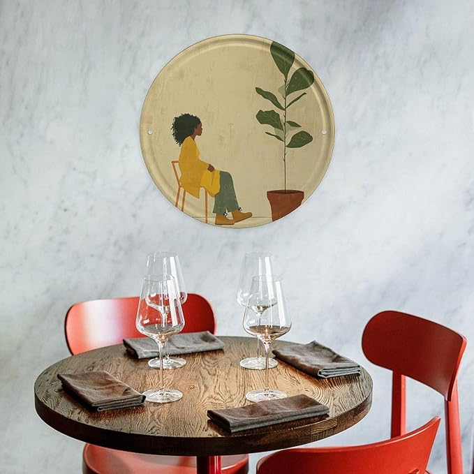 Wall Picture, with Potted Plant and Woman Printed Circular Iron Hanging Picture,Wall Art Decor,Home for Bedroom Living Room Bathroom Decor,Iron Painting 11.8X11.8 in