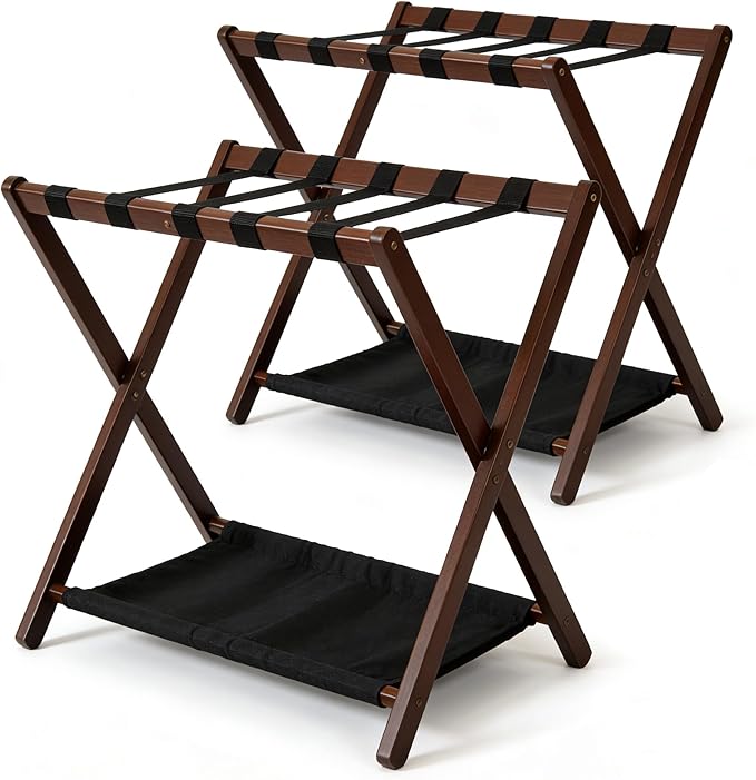 Walnut Bamboo Luggage Racks Set of 2 ,with 5 Nylon Straps, Foldable， Double-Layer Storage Shelf，26.18"L for Bedroom/Guest Room/Hotel (Walnut -2pack)