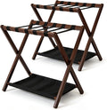 Walnut Bamboo Luggage Racks Set of 2 ,with 5 Nylon Straps, Foldable， Double-Layer Storage Shelf，26.18"L for Bedroom/Guest Room/Hotel (Walnut -2pack)