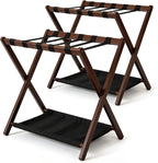Walnut Bamboo Luggage Racks Set of 2 ,with 5 Nylon Straps, Foldable， Double-Layer Storage Shelf，26.18"L for Bedroom/Guest Room/Hotel (Walnut -2pack)