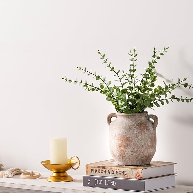 Ceramic Flower Vase Home Decor - 6 Inch Farmhouse Rustic Table Vases with Handle Living Room Decoration Decorative Vintage Pottery for Kitchen Shelf Coffee Dining Bookshelf Fireplace Centerpiece
