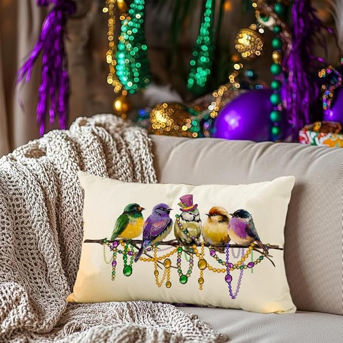 RABUSOFA Mardi Gras Pillow Cover 12x20 Inch Birds Beads Decorative Pillow Case Holiday Decorations for Home Sofa Couch