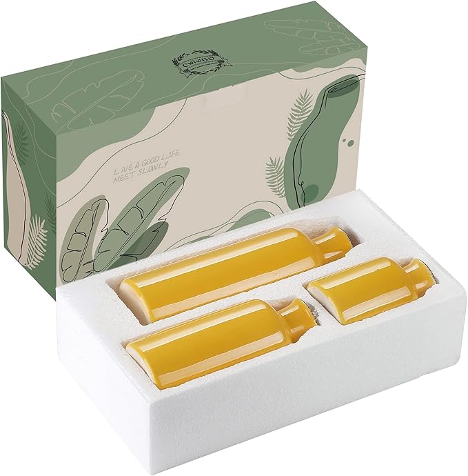 CWLWGO-Ceramic Yellow Vase Set of 3, Decorative Vases for Modern Farmhouse Decoration, Living Room Accents & Dining Table Centerpieces, Idea Bookshelf Mantel and Entrance Decor.