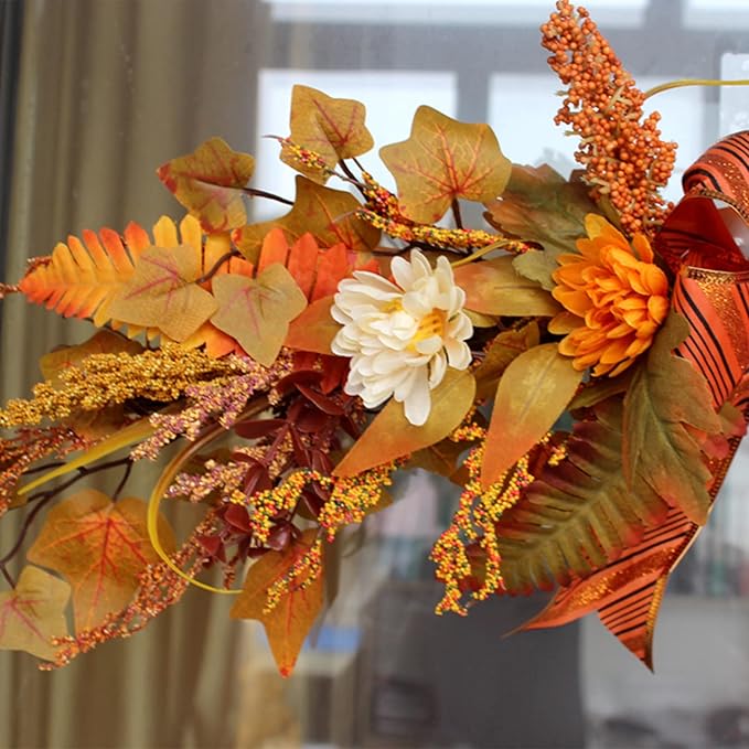 Artificial Fall Flower Swag Decor,27 Inch Autumn Decorative Floral Swag for Weeding,Artificial Silk Maple Leaf Flowers for Wall Home Front Door Decorations