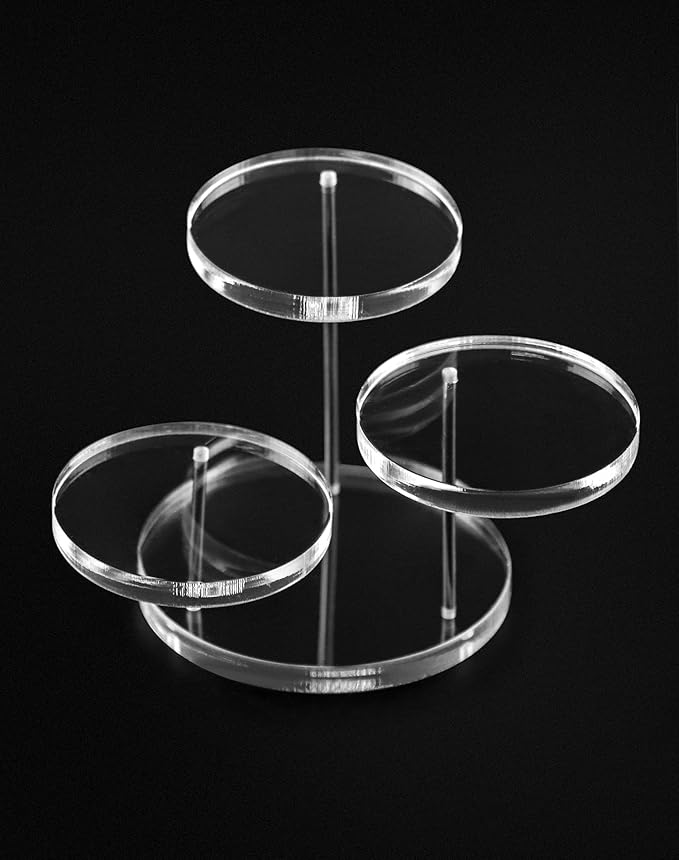 QWORK Round Acrylic Products Display Riser Stands, 3 Tier Jewelry Display Stands for Rings Earrings,Mini Figurines, Clear, 2 Pack
