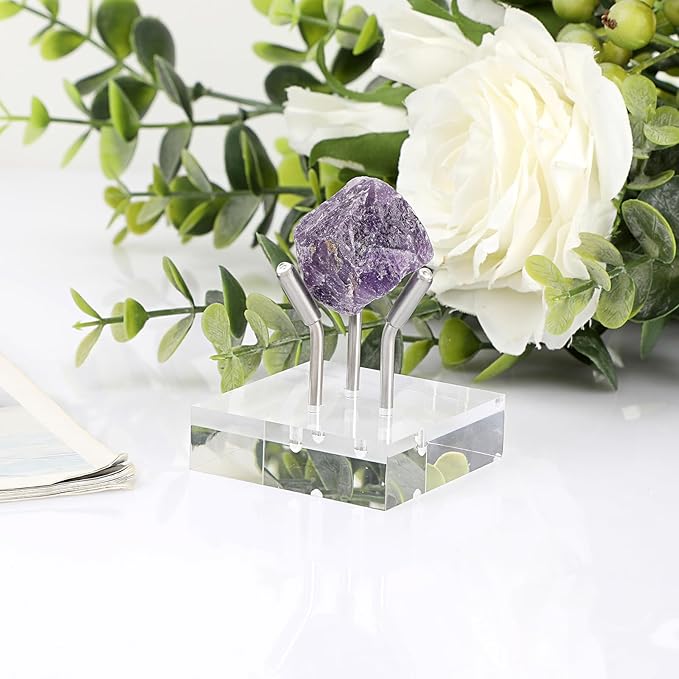 Hipiwe Acrylic Display Stand, Three Metal Peg Display Easel Stand for Fossils Crystal Minerals Rocks and Geodes, Medium,Silver
