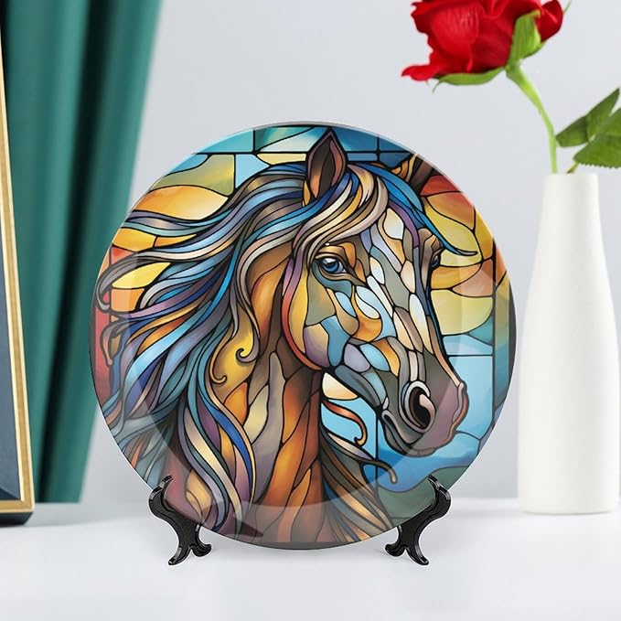 Decorative Plates for Wall Hanging, Horse Abstract Stained Glass Painting Ceramic Plate w/Display Stand, Home Decor for Kitchen Cabinets, Farmhouse Round Tray 10 Inch, Gift for Horse Lover