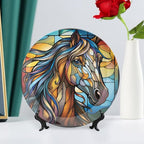 Decorative Plates for Wall Hanging, Horse Abstract Stained Glass Painting Ceramic Plate w/Display Stand, Home Decor for Kitchen Cabinets, Farmhouse Round Tray 10 Inch, Gift for Horse Lover