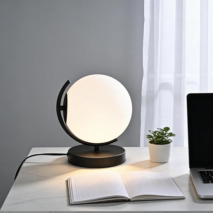 Modern Globe Table Lamp - 7.1" Opal Glass Shade, Black Metal Base - Mid Century Small Lamp for Bedroom Nightstand, Office Desk - Plug-in with 5.9FT Cord & On/Off Switch-Decorative Bedside Table Light
