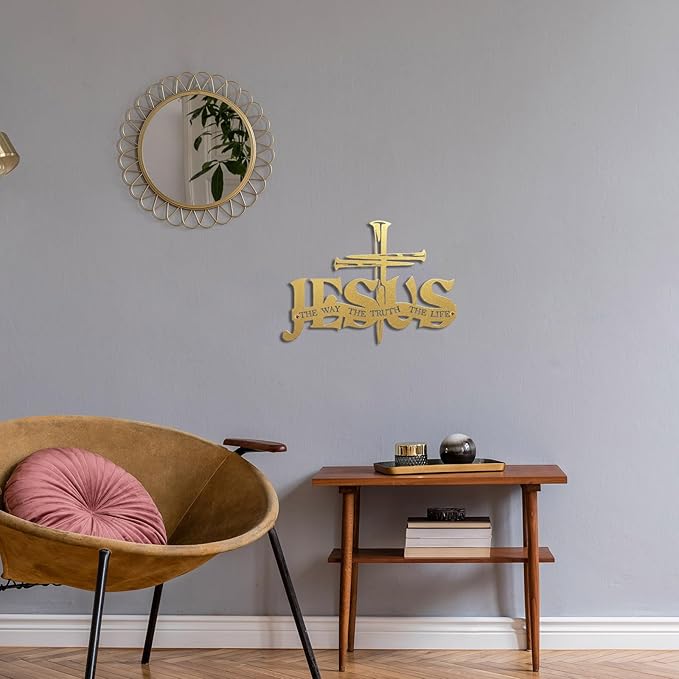 Jesus Cross Metal Wall Decor Christian Wall Art for Home Religious Cross Decoration Living Room Bedroom Prayer Room The Way The Truth The Life Christ Inspired Christian Gift for Family Friends(Gold)