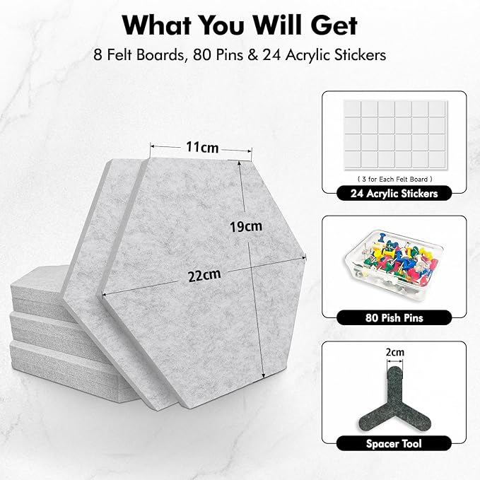 8-Pack Hexagon Felt Cork Board, 1/2" Thick Felt Bulletin Pinboard with 80 Push Pins, Adhesive Tabs, Geometric Cork Wall Tiles for Photos, Memos, Home & Office Decor (Light Grey)