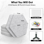 8-Pack Hexagon Felt Cork Board, 1/2" Thick Felt Bulletin Pinboard with 80 Push Pins, Adhesive Tabs, Geometric Cork Wall Tiles for Photos, Memos, Home & Office Decor (Light Grey)