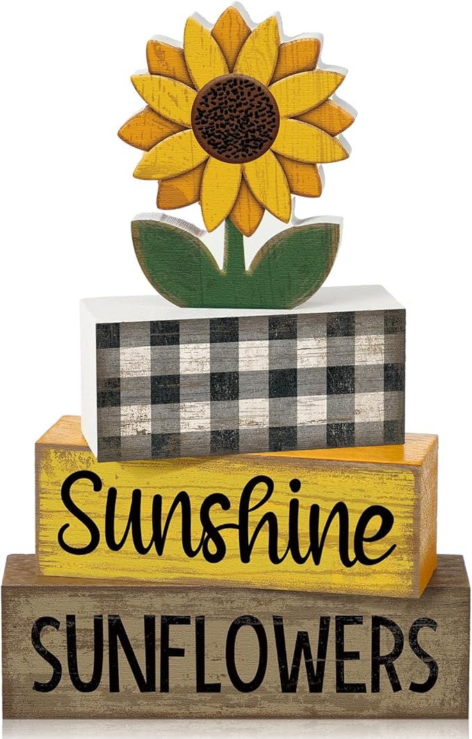 Yuntau 4 Pcs Sunflower Decorations Sunflower Wooden Sign Sunshine Table Centerpiece Summer Tiered Tray Decor Decorative Faux Book Stack Block for Coffee Table Fireplace Mantel Shelf Kitchen