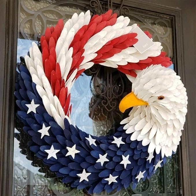 Patriotic Wreaths for Front Door, New 250th Anniversary Decorations, 4th of July Decorations Outdoor, Handcrafted Memorial Day Wreaths, Festival Celebration USA Flag Printed Wreath (B)
